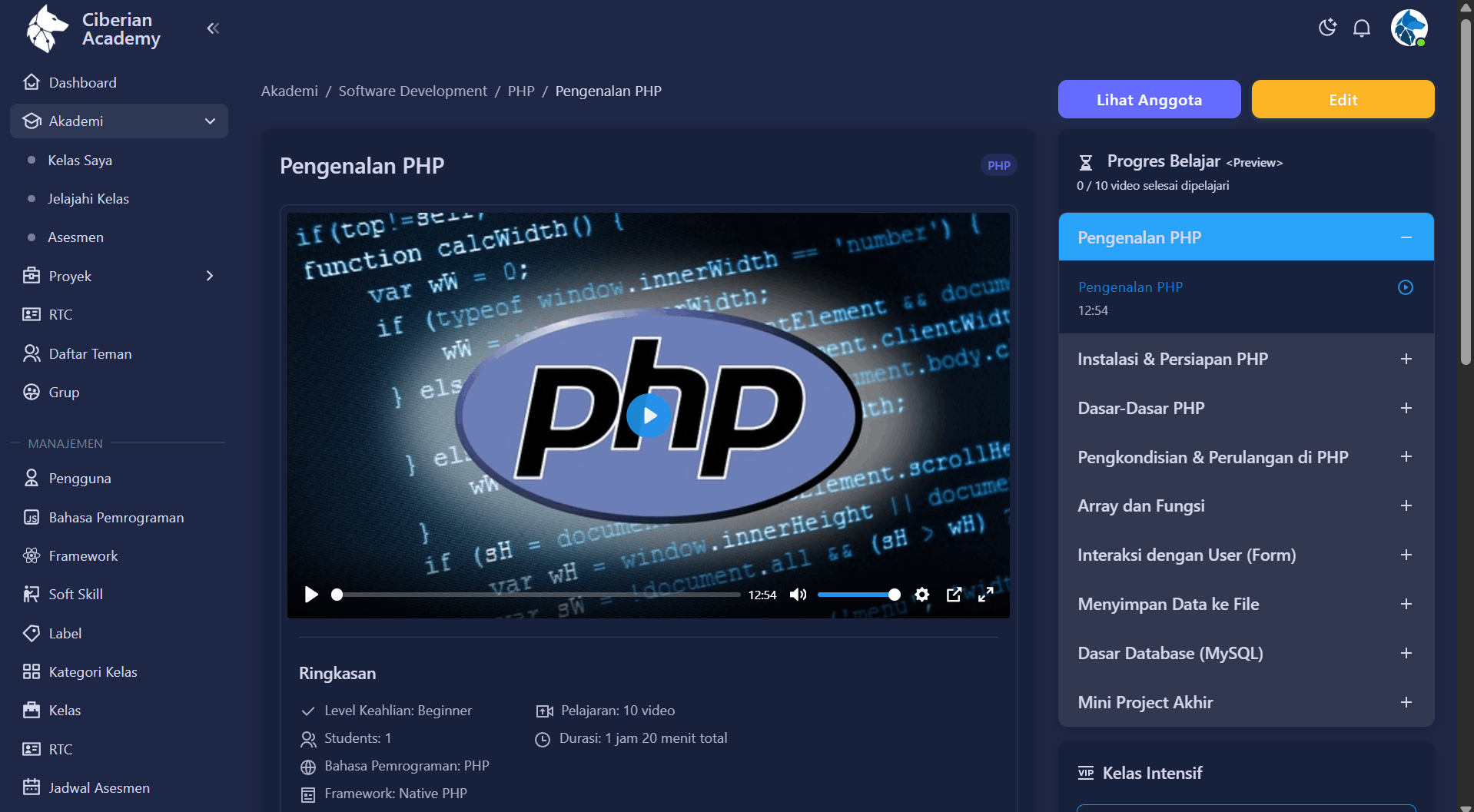 Ciberian Academy Dashboard Page